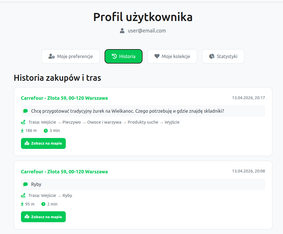 Historia zakupów i tras
